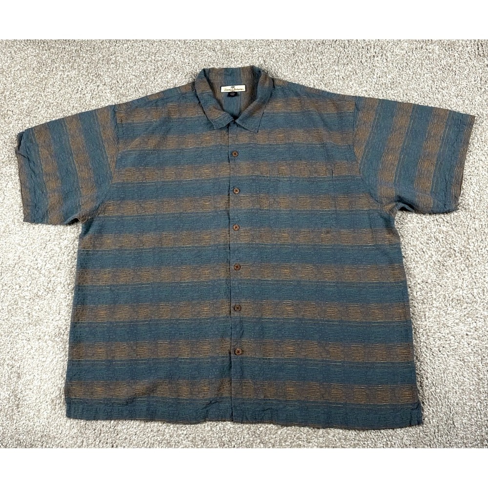 Tommy Bahama Shirt Men 2XL Blue Striped Silk Hawaiian Button Up Short Sleeve XXL